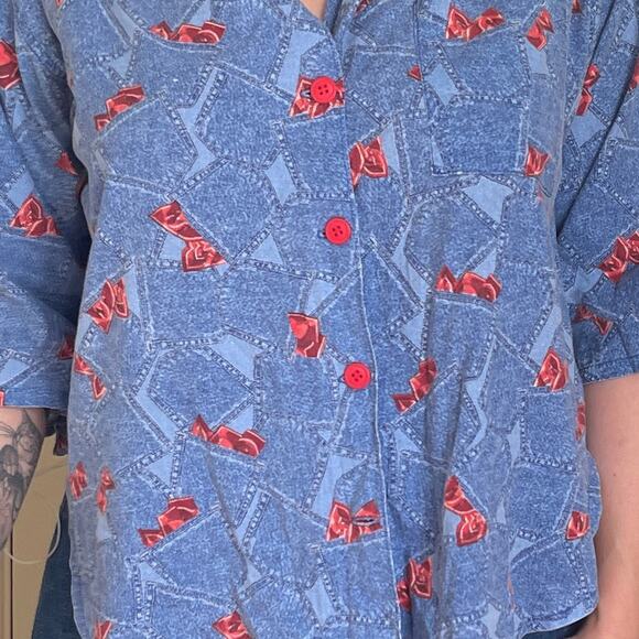 70s Vintage Blue and Red Novelty Bandana Denim Print Top - Picture 8 of 8